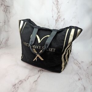 Victorias Secret Tote Bag Black Gold Large Striped Spell Out Sparkle Glitter